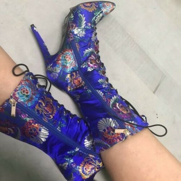 Anne Michelle Shoes - BLUE SATIN ORIENTAL LACE UP HIGH HEEL BOOTS 9